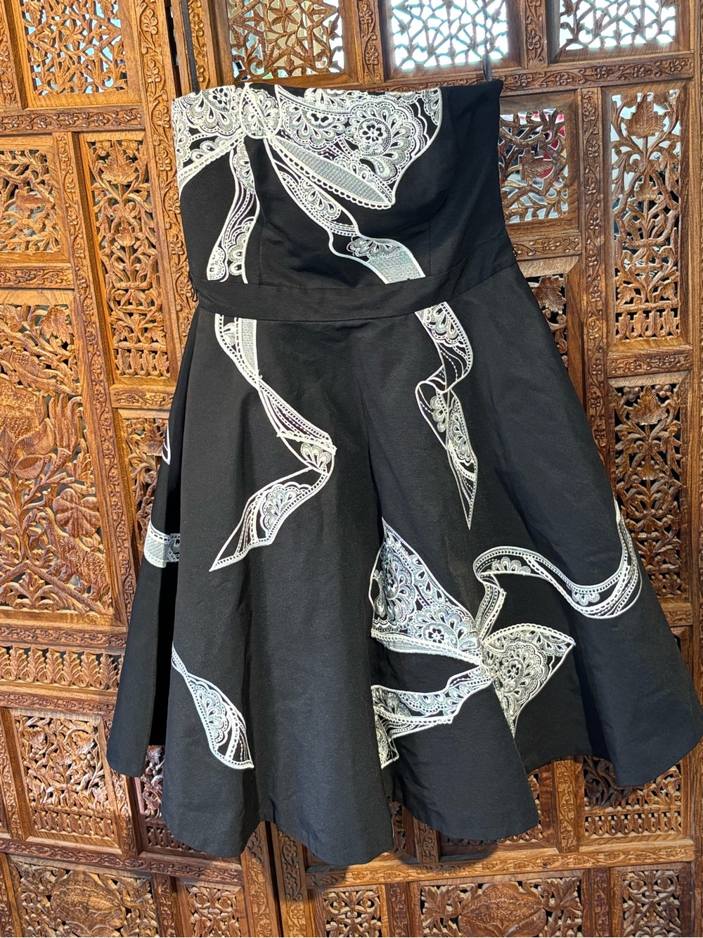 White House Black Market Black Strapless Dress with White Paisley Print
